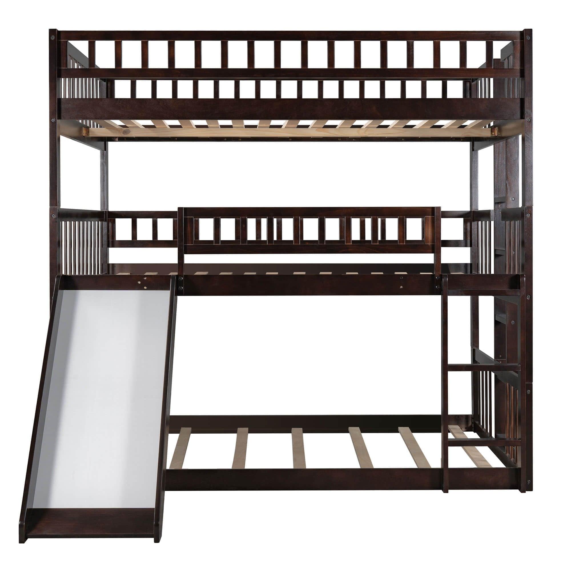 Low Triple Full Size Bunk Beds with Slide for Kids Toddler - [Wooden, Floor]