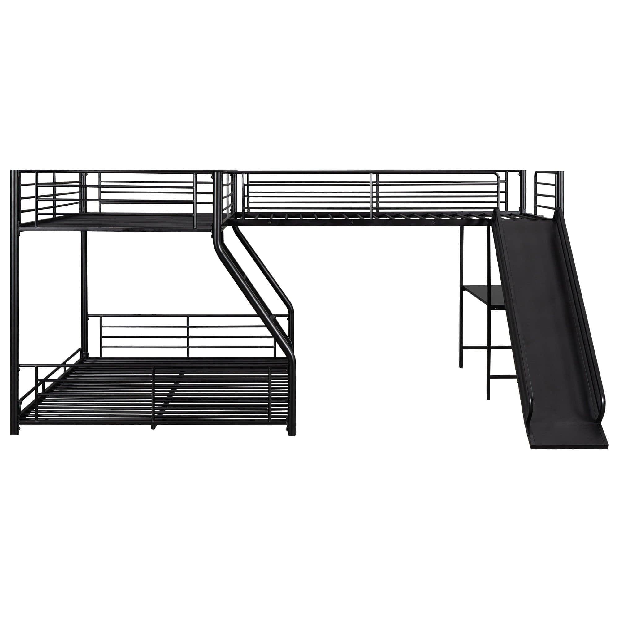 Low Twin Over Full Loft Triple Bunk Beds with Desk and Slide for Kids Toddler - [Metal]