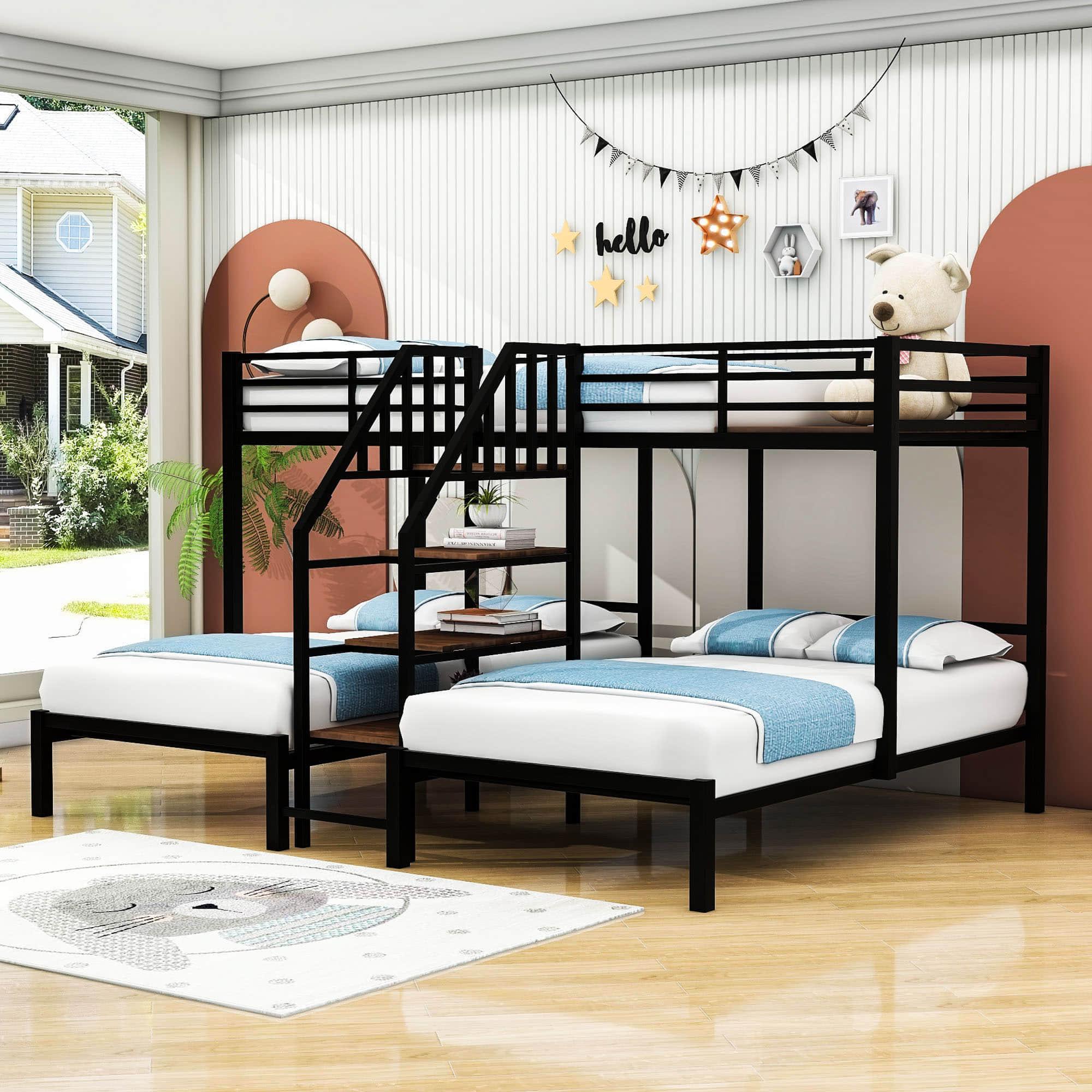 Twin Over Twin & Twin Triple Bunk Beds with Stairs and Storage - [Metal, Shelves]