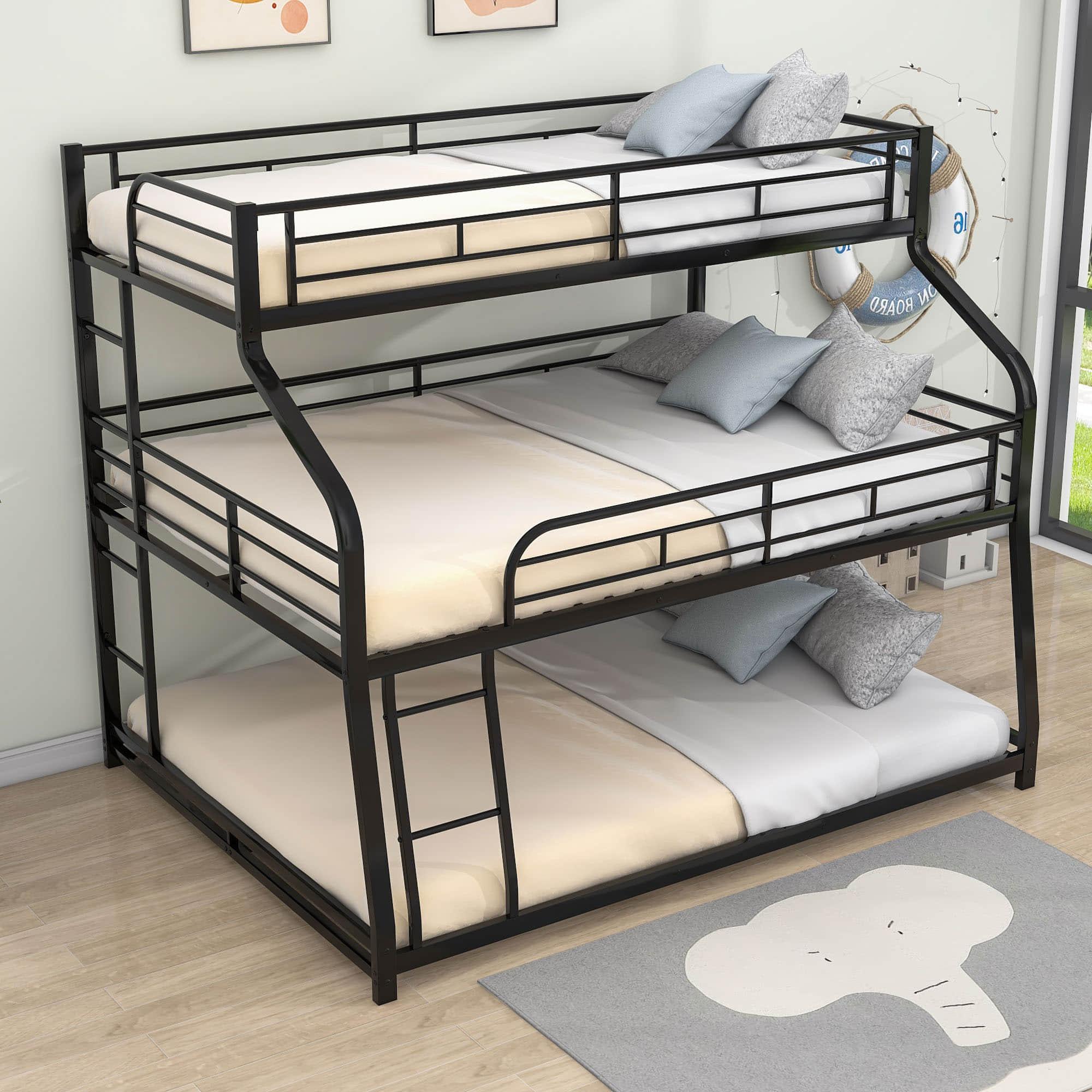 Modern Low Twin XL Over Full XL Over Queen Triple Bunk Beds for Kids - [Metal, Floor]