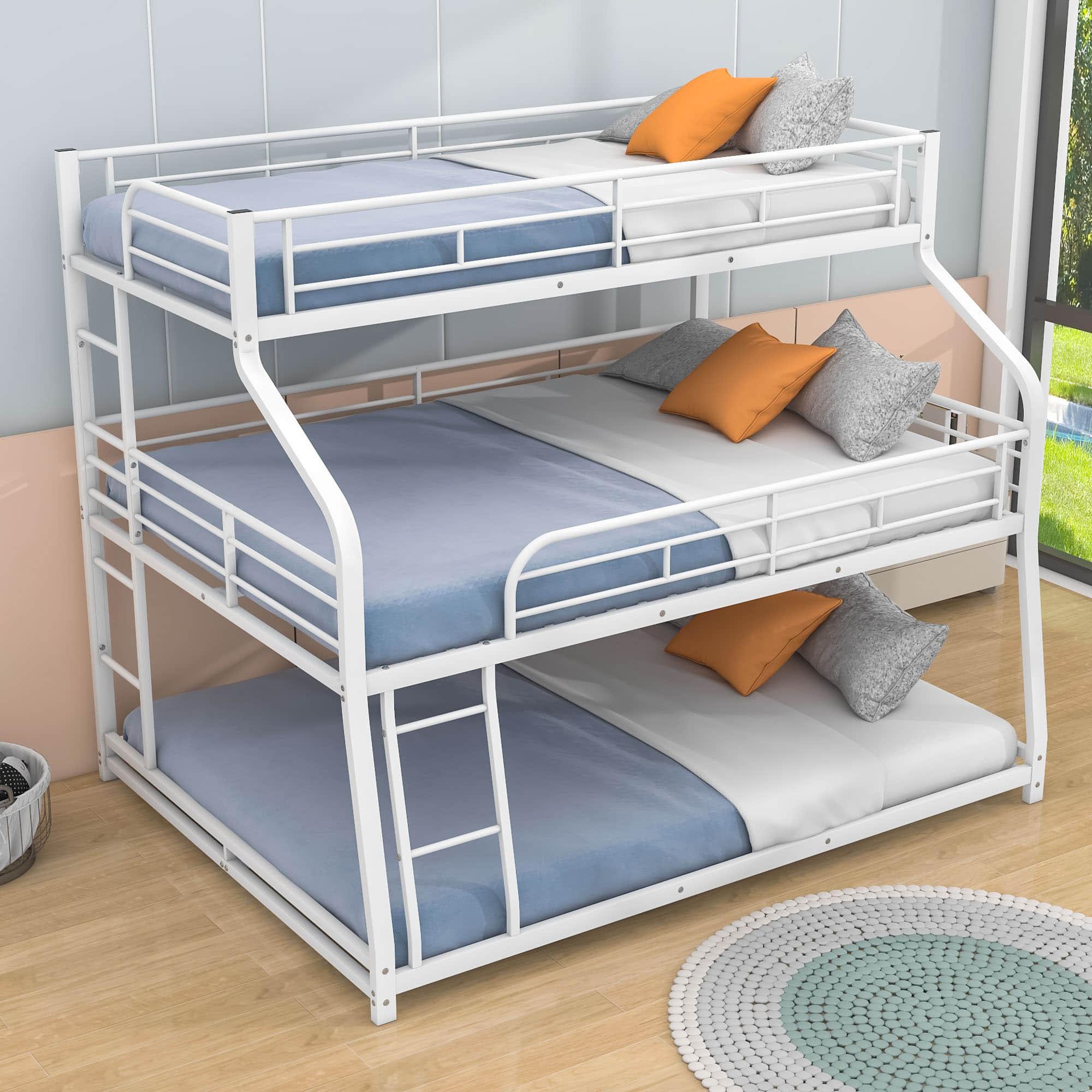 Modern Low Twin XL Over Full XL Over Queen Triple Bunk Beds for Kids - [Metal, Floor]