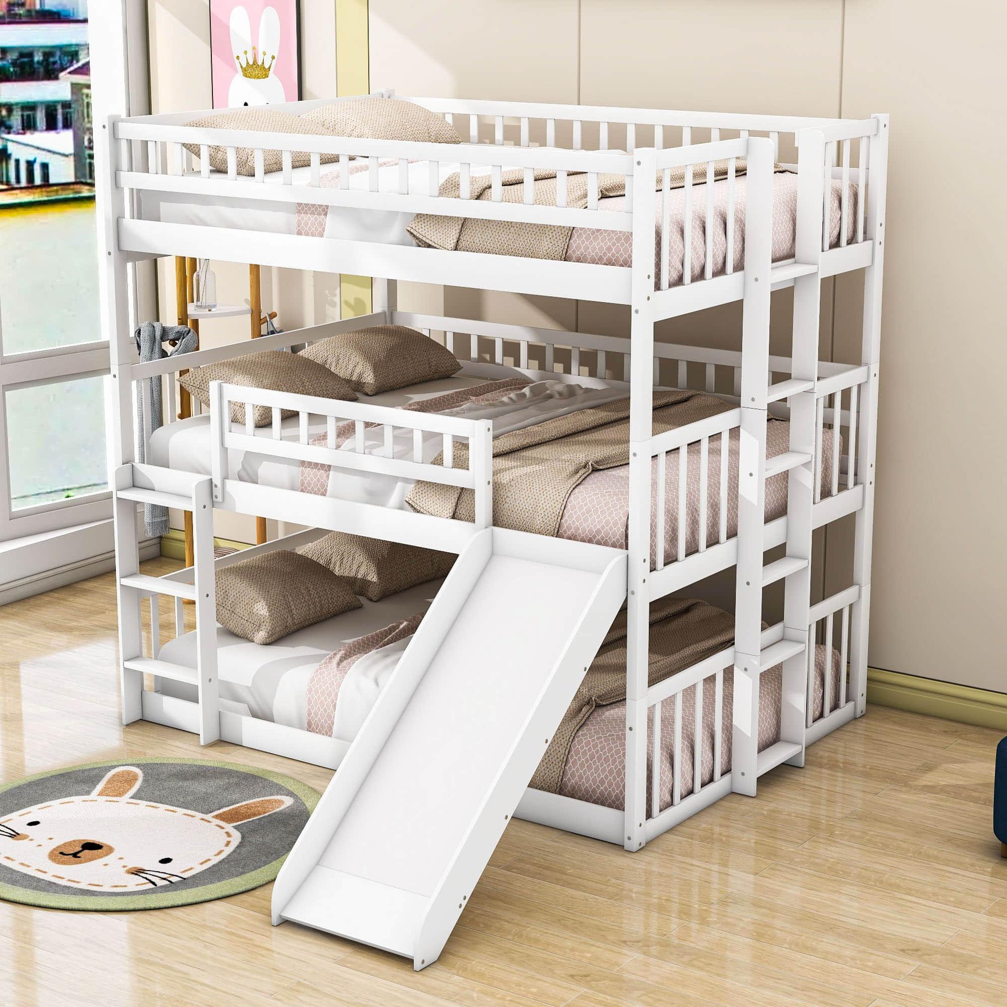 Low Triple Full Size Bunk Beds with Slide for Kids Toddler - [Wooden, Floor]