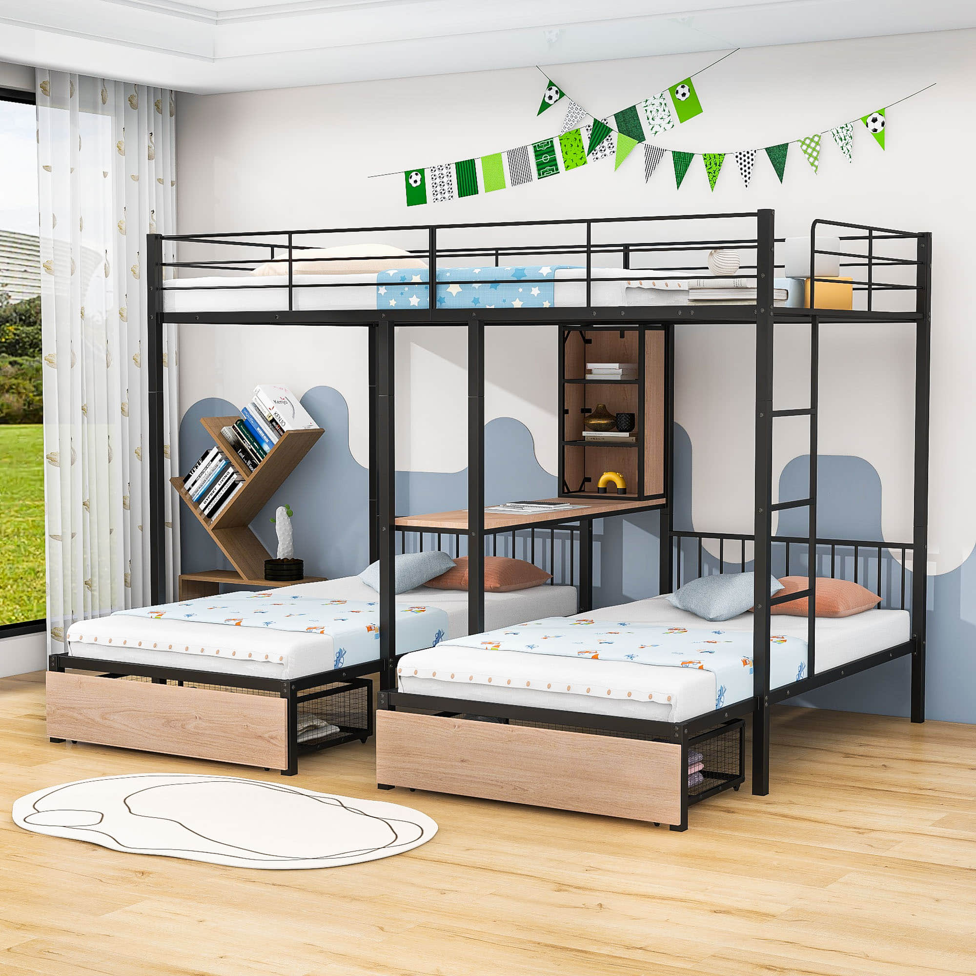 L-Shaped Full Over Twin & Twin Metal Triple Bunk Bed with Desk and Storage