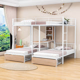 L-Shaped Full Over Twin & Twin Metal Triple Bunk Bed with Desk and Storage