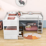 Twin Over Twin Corner Loft Triple Bunk Beds with Storage - [Wood, Drawers, L-Shaped]