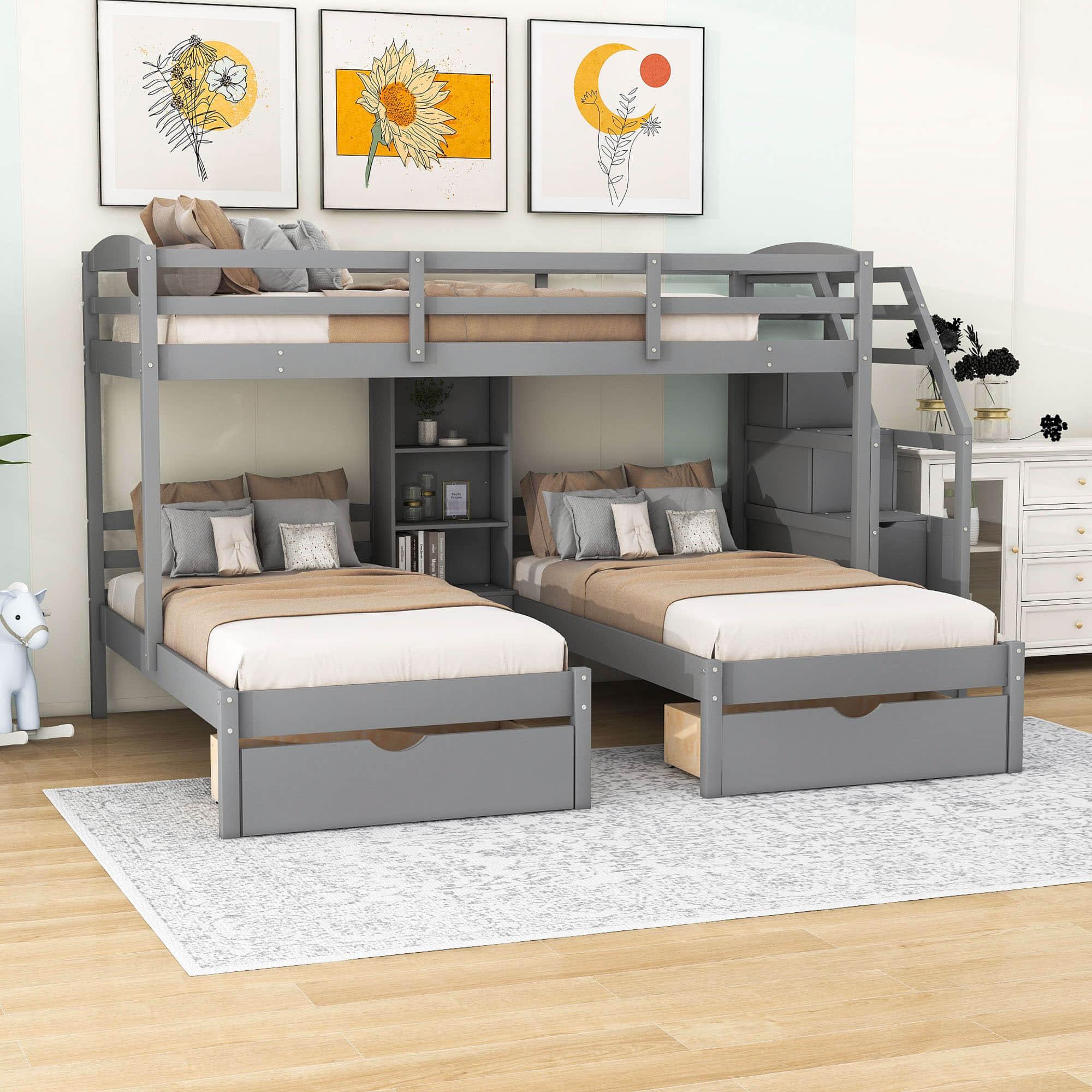 Twin Over Twin & Twin Triple Bunk Beds with Stairs and Storage - [Drawers, Shelves]