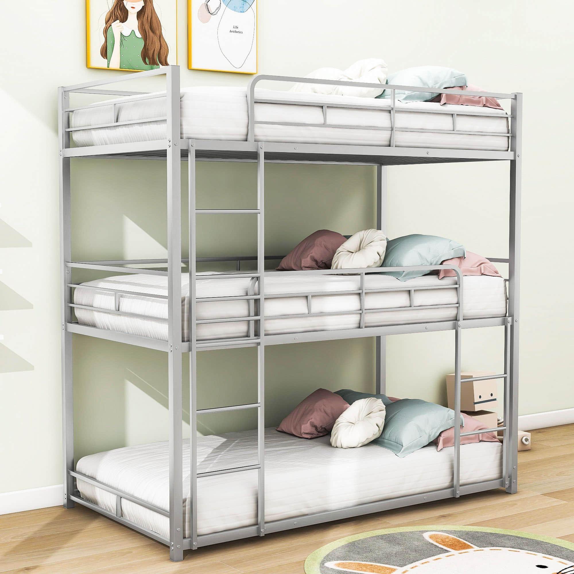 Low Twin Triple Bunk Beds for Kids - [Metal, Floor]