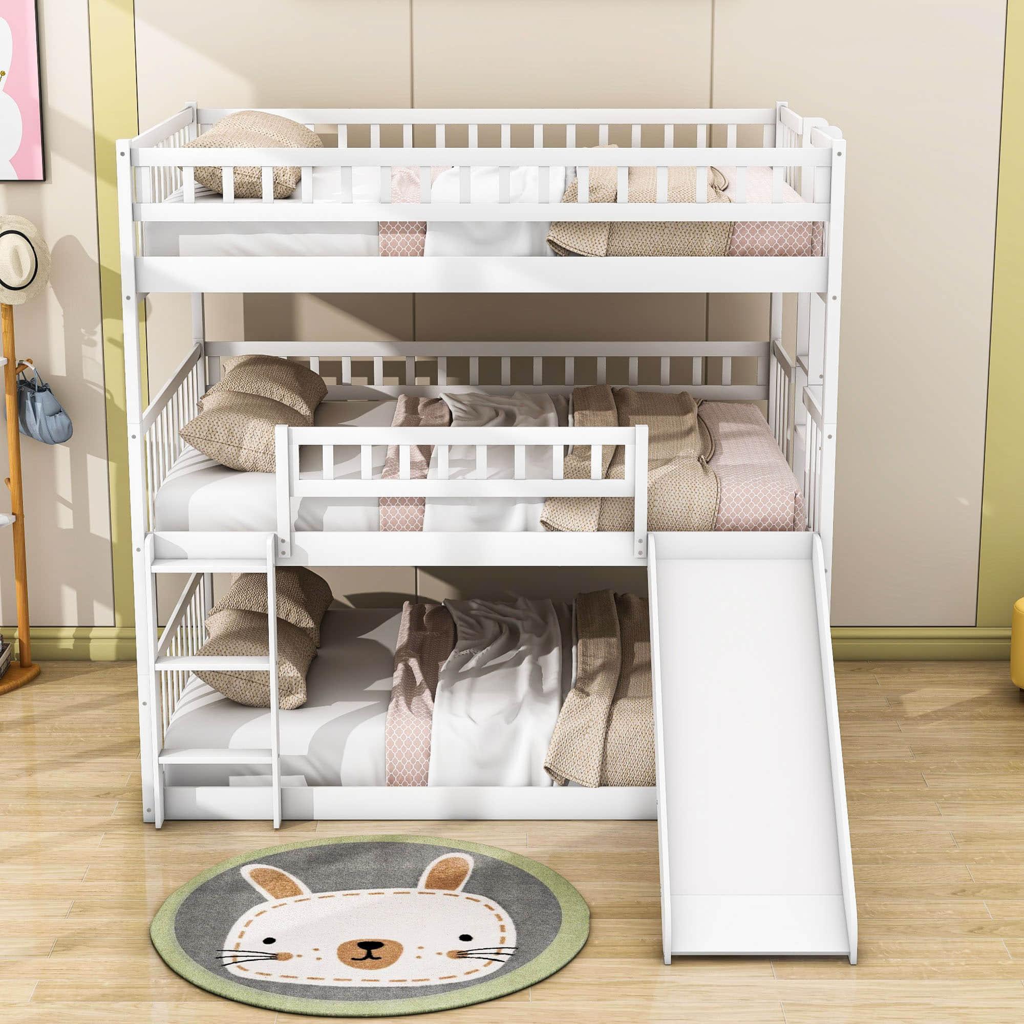 Low Triple Full Size Bunk Beds with Slide for Kids Toddler - [Wooden, Floor]