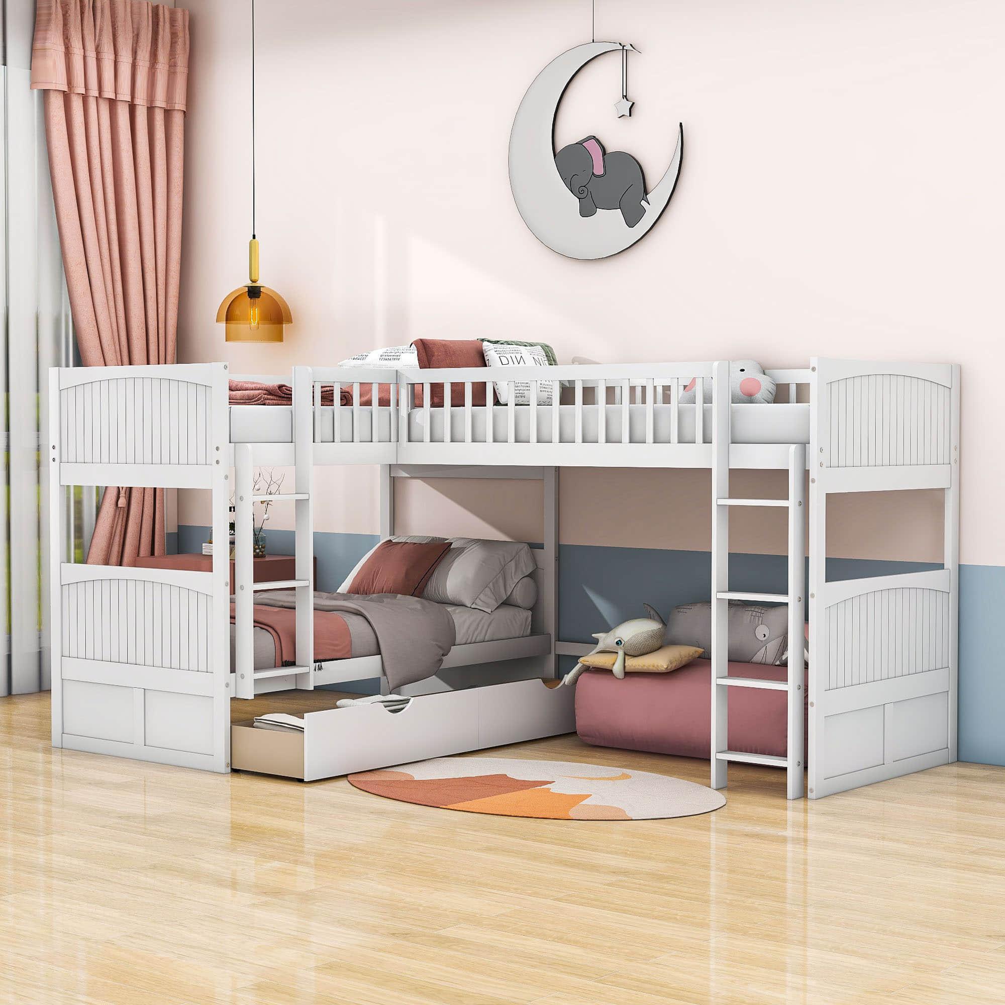 Twin Over Twin Corner Loft Triple Bunk Beds with Storage - [Wood, Drawers, L-Shaped]