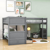 Twin Over Twin Corner Loft Triple Bunk Beds with Storage - [Wood, Drawers, L-Shaped]