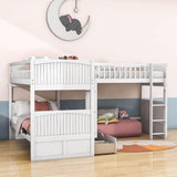 Twin Over Twin Corner Loft Triple Bunk Beds with Storage - [Wood, Drawers, L-Shaped]