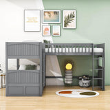 Twin Over Twin Corner Loft Triple Bunk Beds with Storage - [Wood, Drawers, L-Shaped]