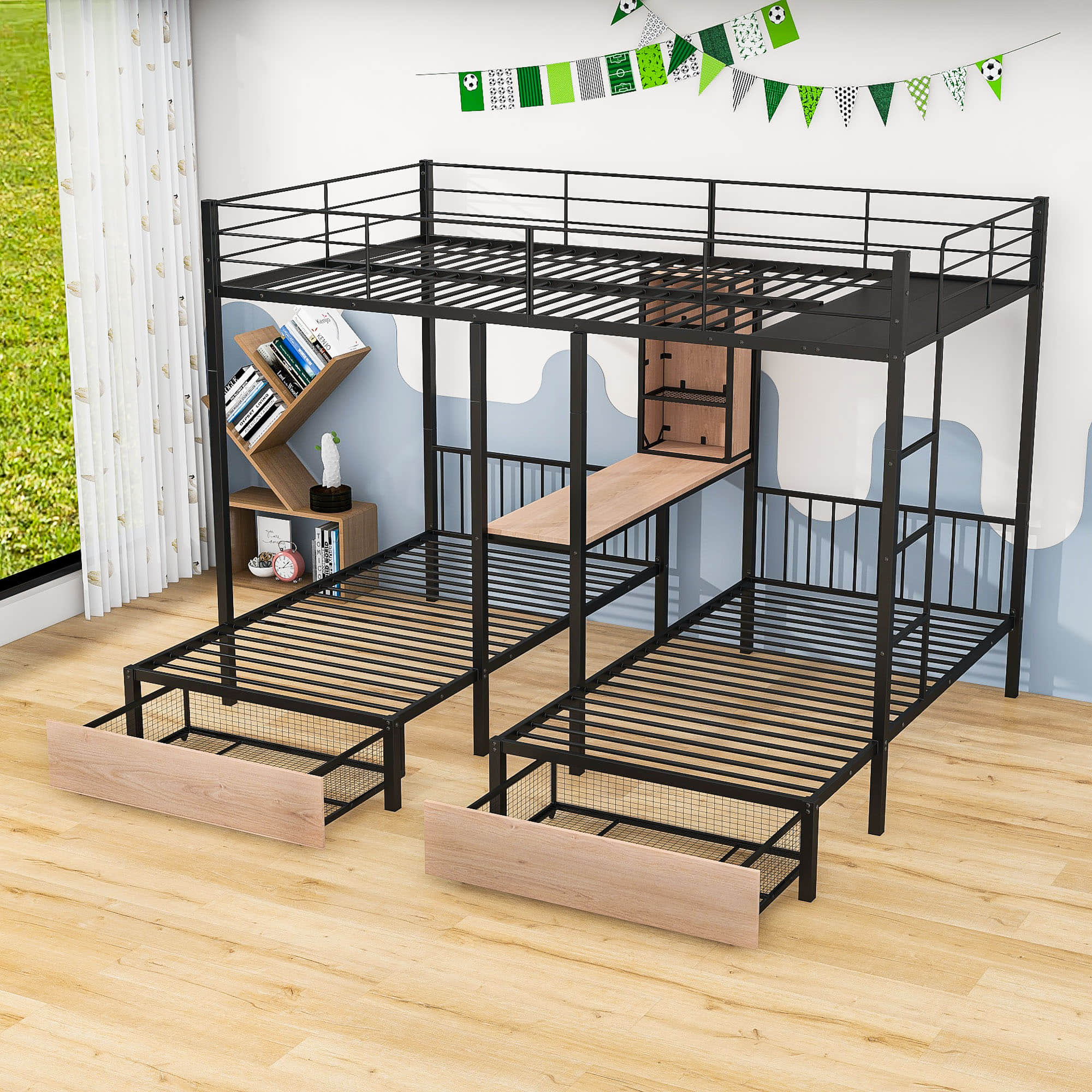 L-Shaped Full Over Twin & Twin Metal Triple Bunk Bed with Desk and Storage