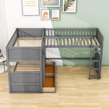 Twin Over Twin Corner Loft Triple Bunk Beds with Storage - [Wood, Drawers, L-Shaped]