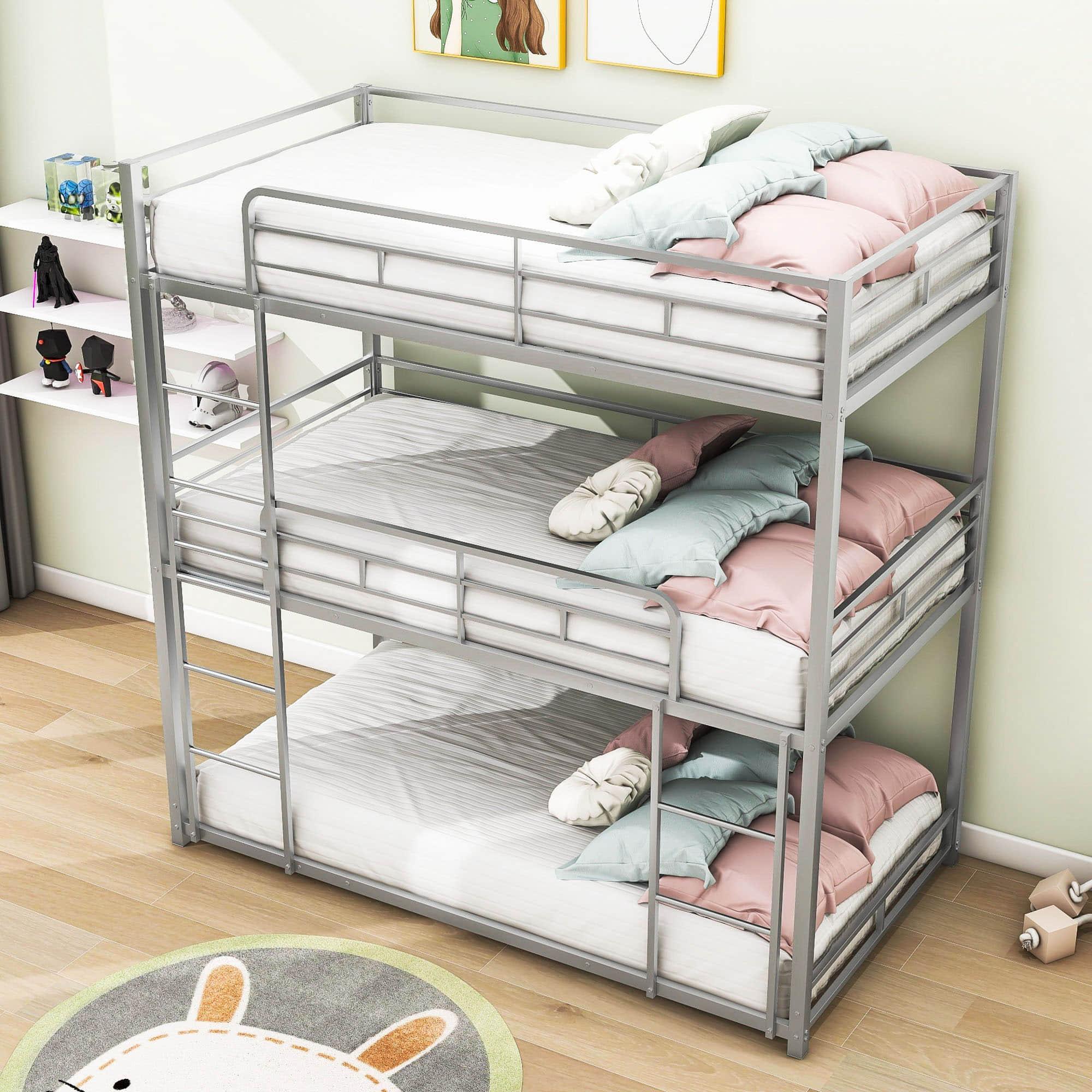 Low Twin Triple Bunk Beds for Kids - [Metal, Floor]