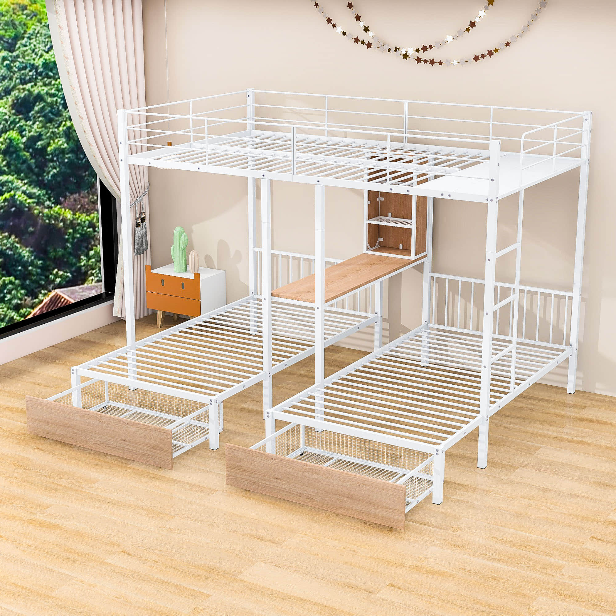 L-Shaped Full Over Twin & Twin Metal Triple Bunk Bed with Desk and Storage