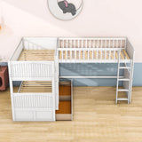 Twin Over Twin Corner Loft Triple Bunk Beds with Storage - [Wood, Drawers, L-Shaped]