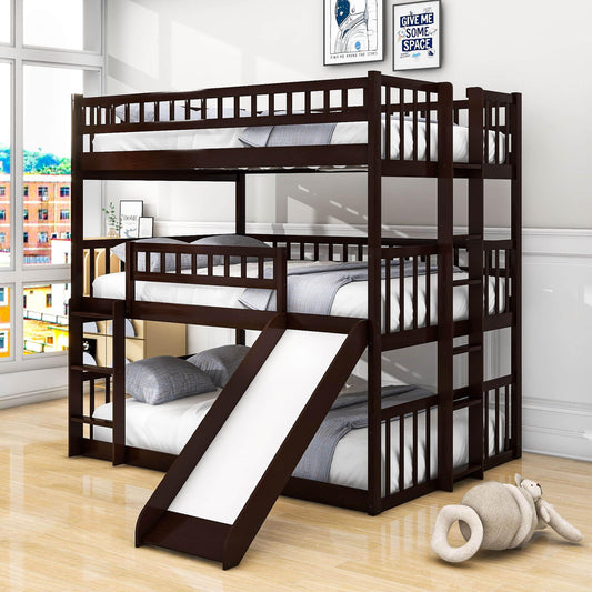 Low Triple Full Size Bunk Beds with Slide for Kids Toddler - [Wooden, Floor]