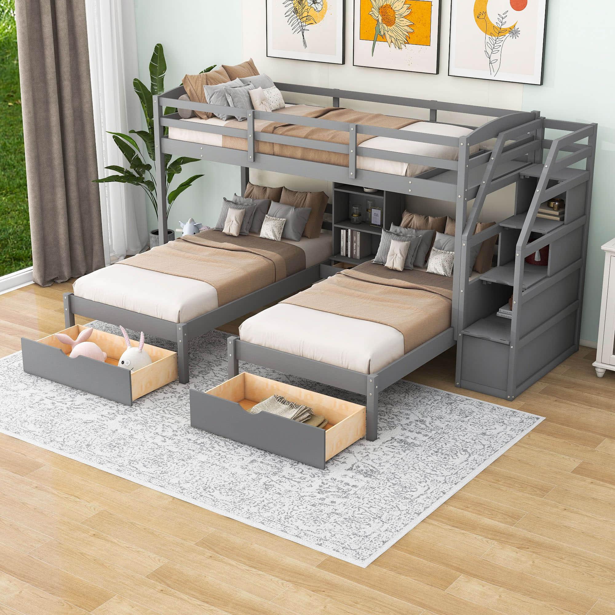 Twin Over Twin & Twin Triple Bunk Beds with Stairs and Storage - [Drawers, Shelves]