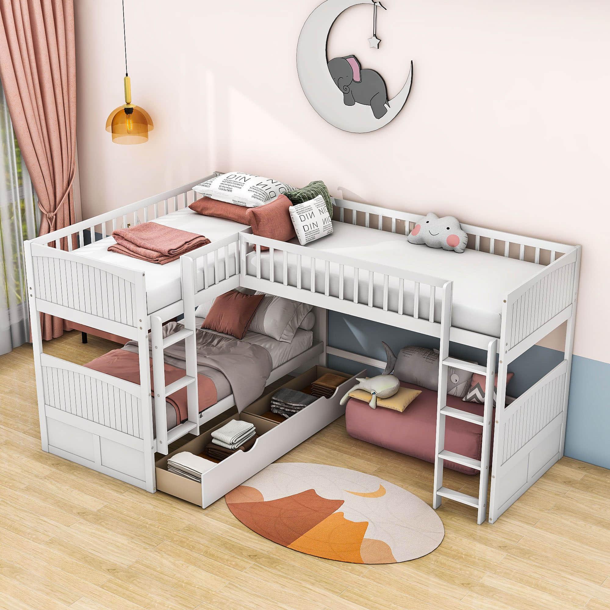 Twin Over Twin Corner Loft Triple Bunk Beds with Storage - [Wood, Drawers, L-Shaped]