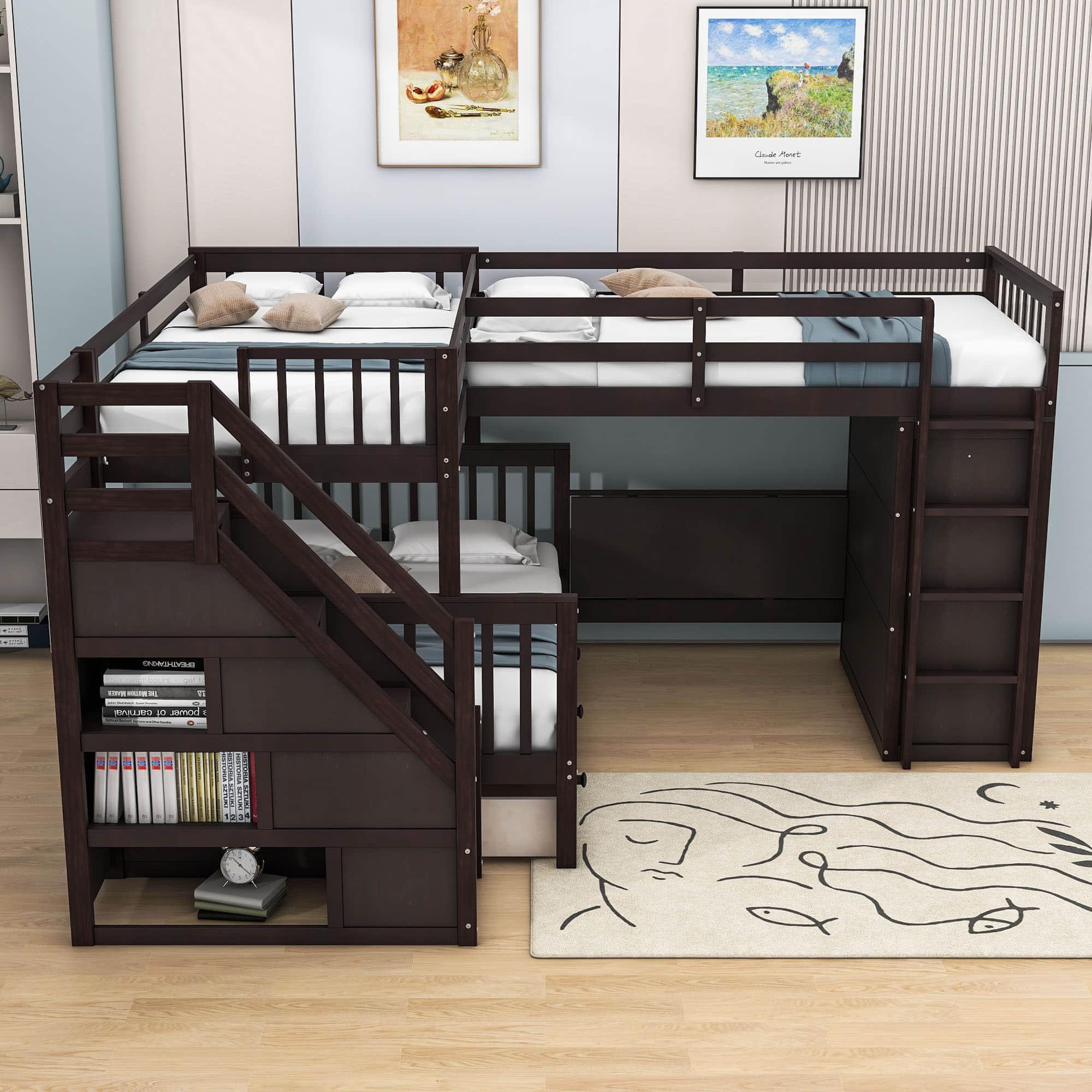 Twin Over Full Loft Triple Bunk Beds with Desk and Storage Stairs - [Drawers, Wardrobe]