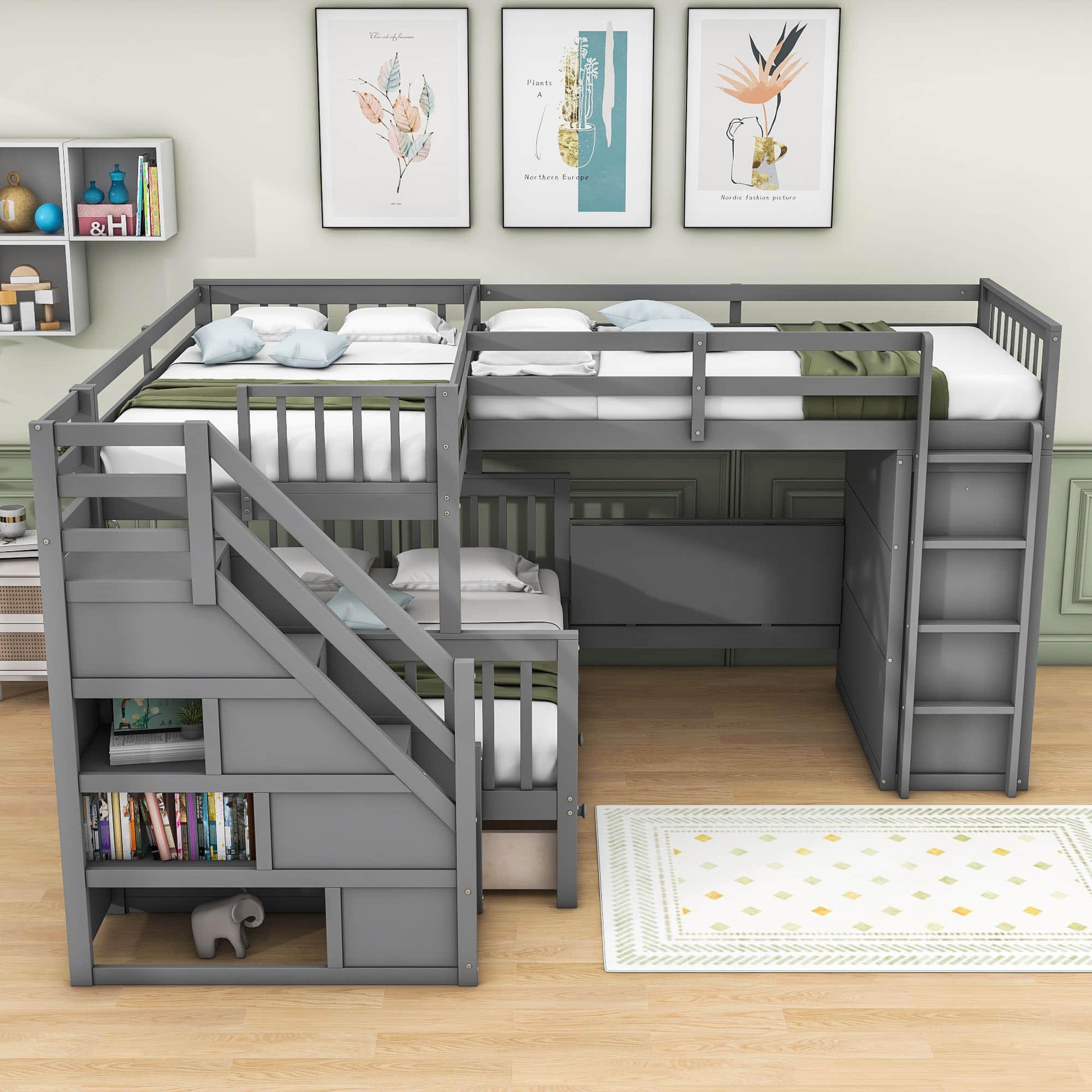 Twin Over Full Loft Triple Bunk Beds with Desk and Storage Stairs - [Drawers, Wardrobe]