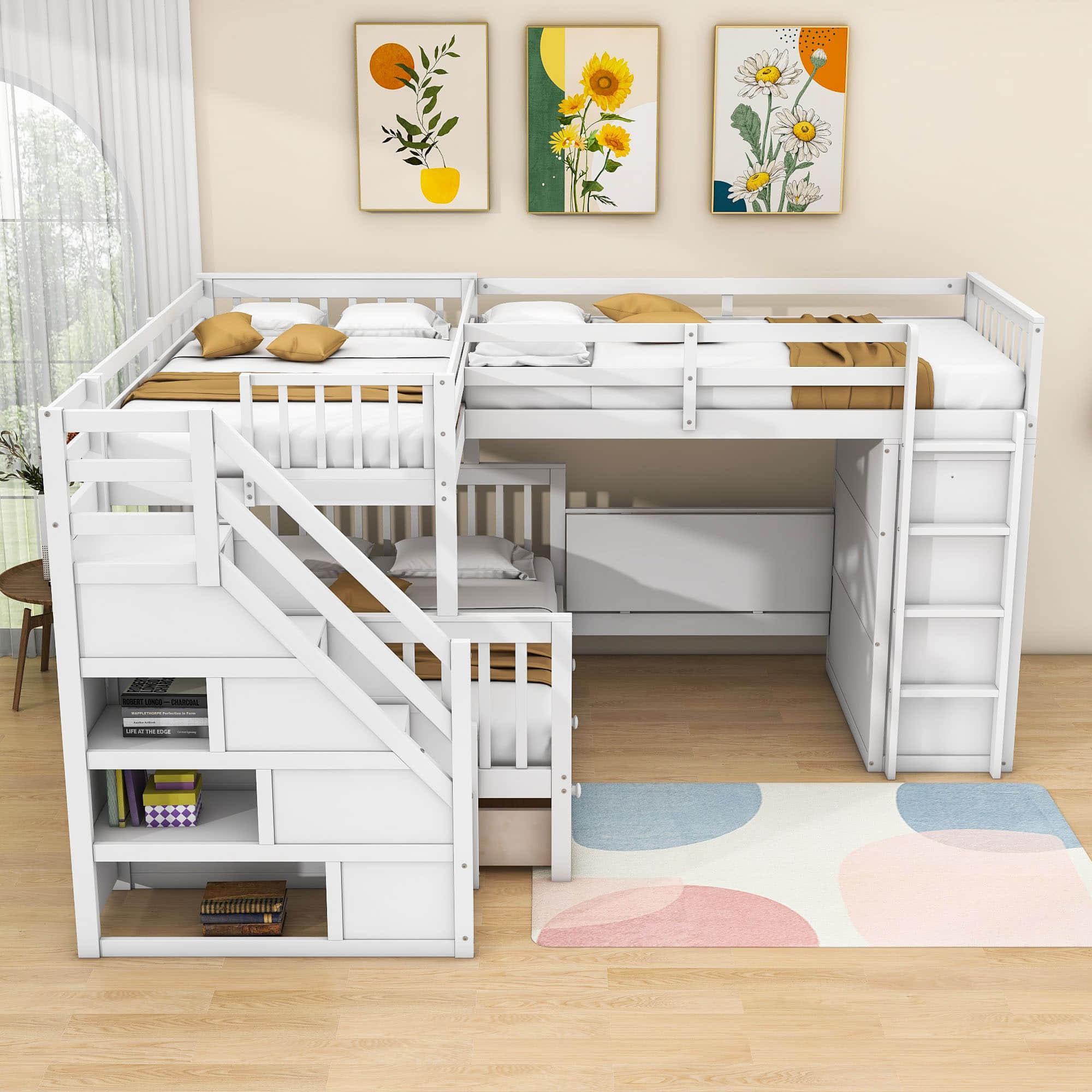 Twin Over Full Loft Triple Bunk Beds with Desk and Storage Stairs - [Drawers, Wardrobe]