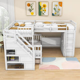 Twin Over Full Loft Triple Bunk Beds with Desk and Storage Stairs - [Drawers, Wardrobe]