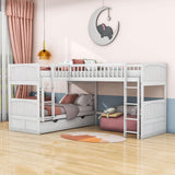 Twin Over Twin Corner Loft Triple Bunk Beds with Storage - [Wood, Drawers, L-Shaped]