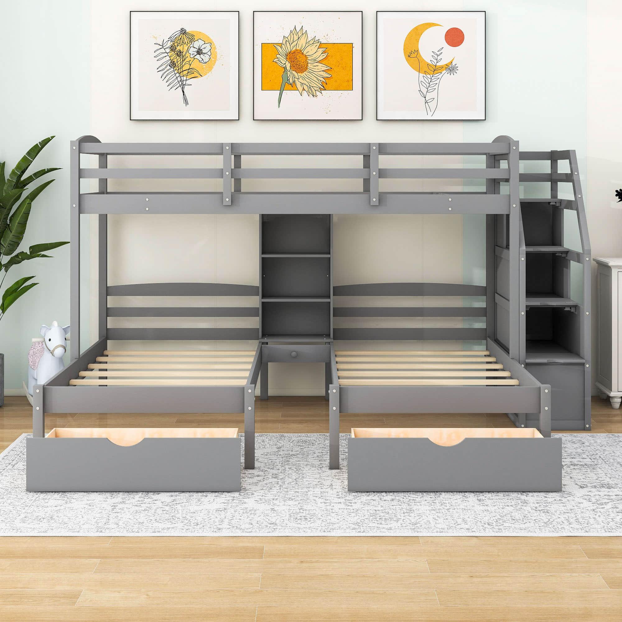 Twin Over Twin & Twin Triple Bunk Beds with Stairs and Storage - [Drawers, Shelves]