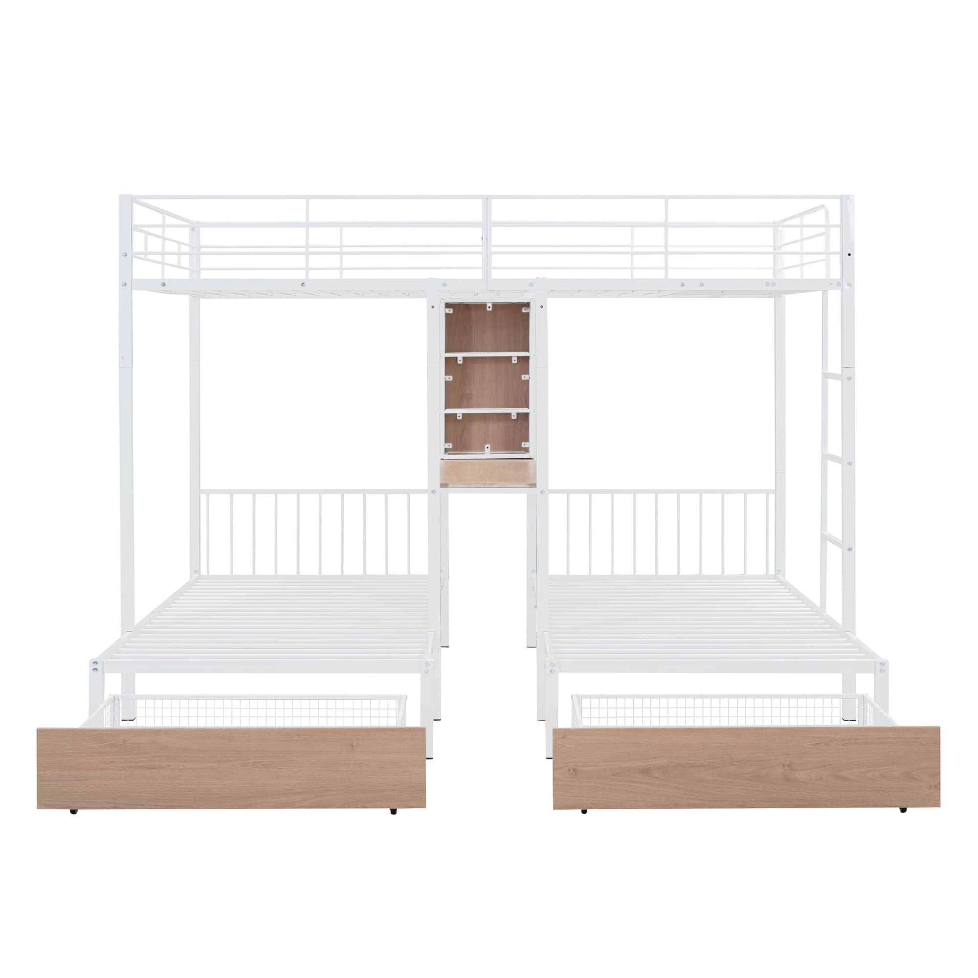 L-Shaped Full Over Twin & Twin Metal Triple Bunk Bed with Desk and Storage