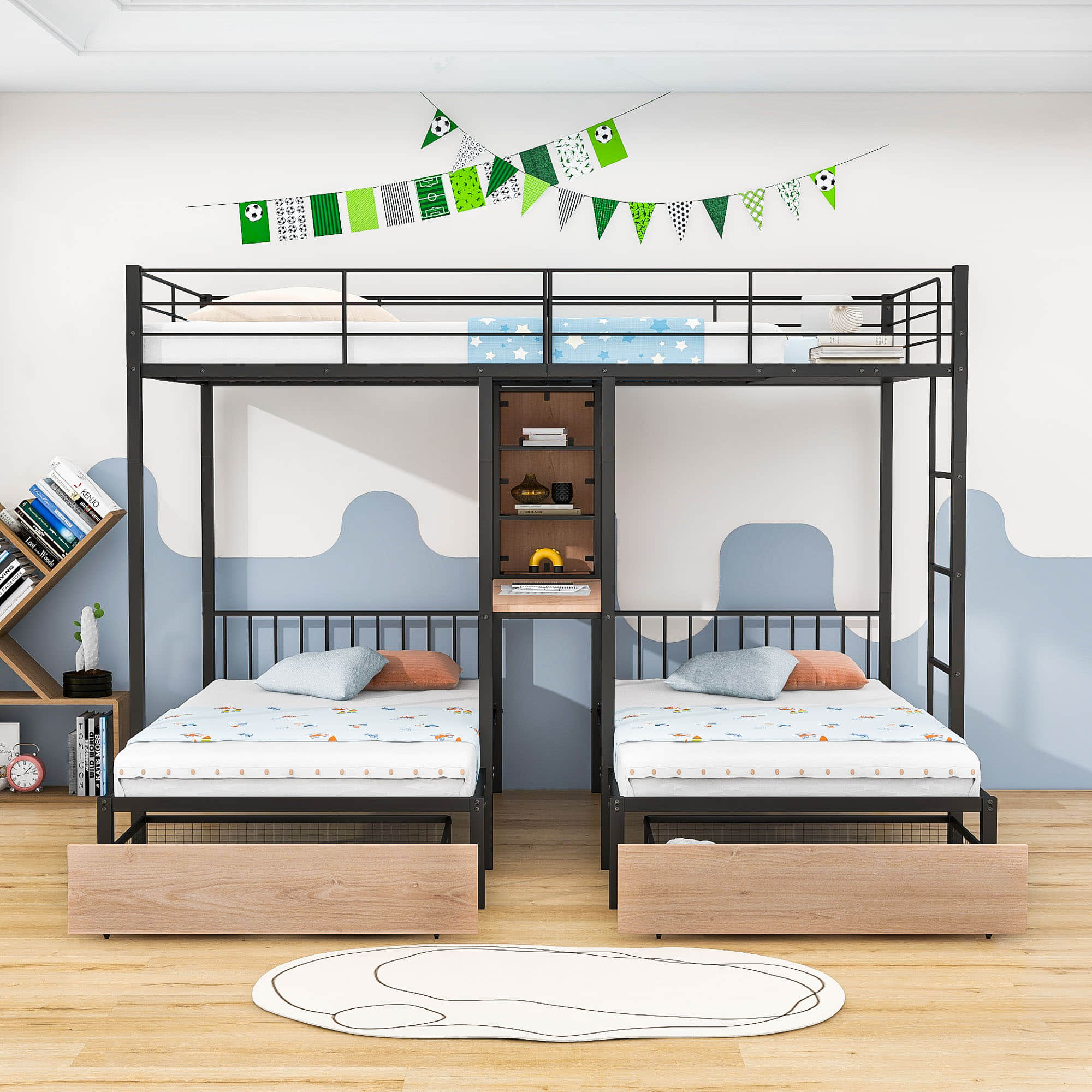 L-Shaped Full Over Twin & Twin Metal Triple Bunk Bed with Desk and Storage