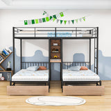 L-Shaped Full Over Twin & Twin Metal Triple Bunk Bed with Desk and Storage