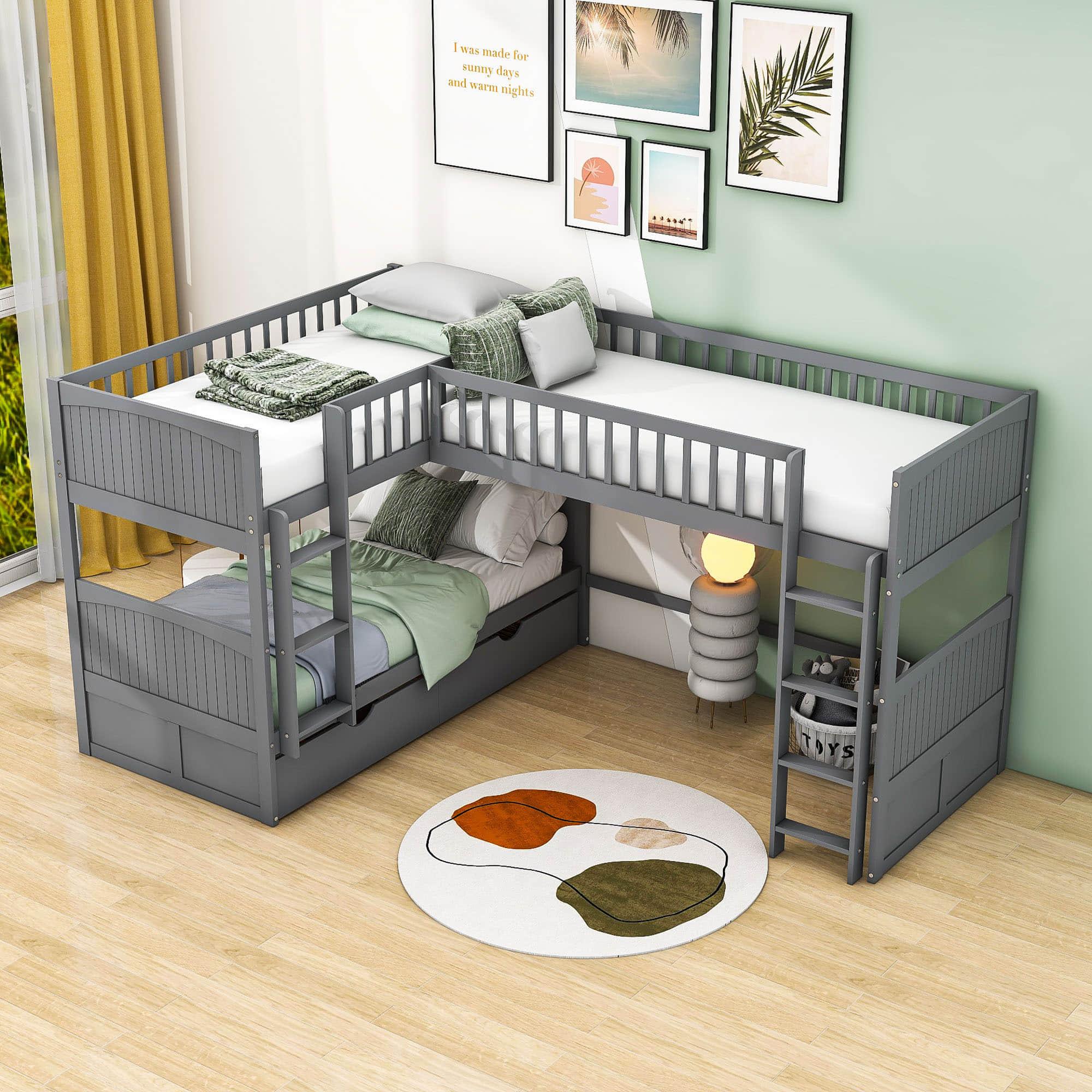 Twin Over Twin Corner Loft Triple Bunk Beds with Storage - [Wood, Drawers, L-Shaped]