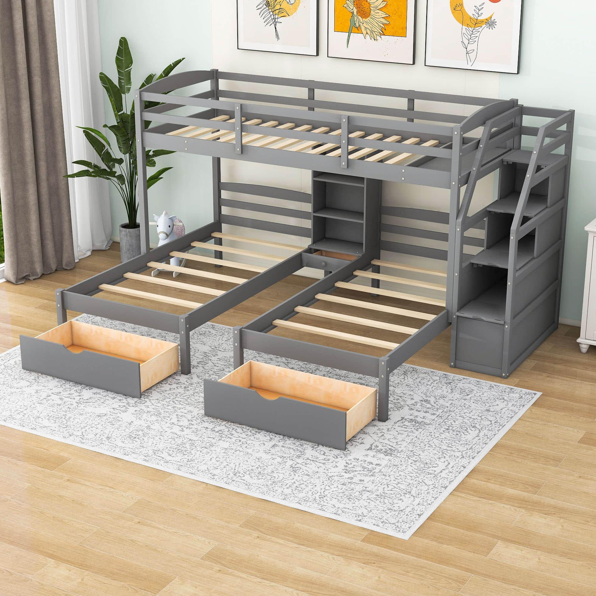 Twin Over Twin & Twin Triple Bunk Beds with Stairs and Storage - [Drawers, Shelves]