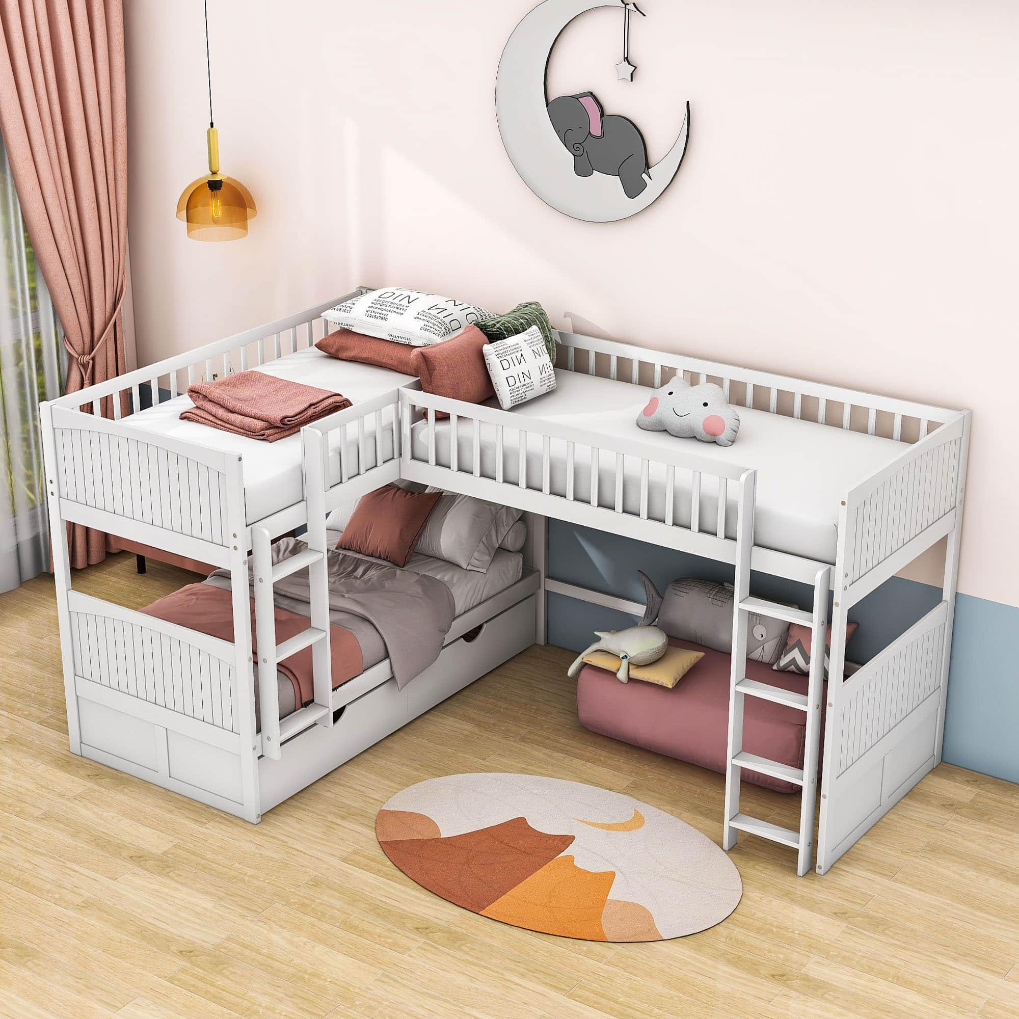 Twin Over Twin Corner Loft Triple Bunk Beds with Storage - [Wood, Drawers, L-Shaped]