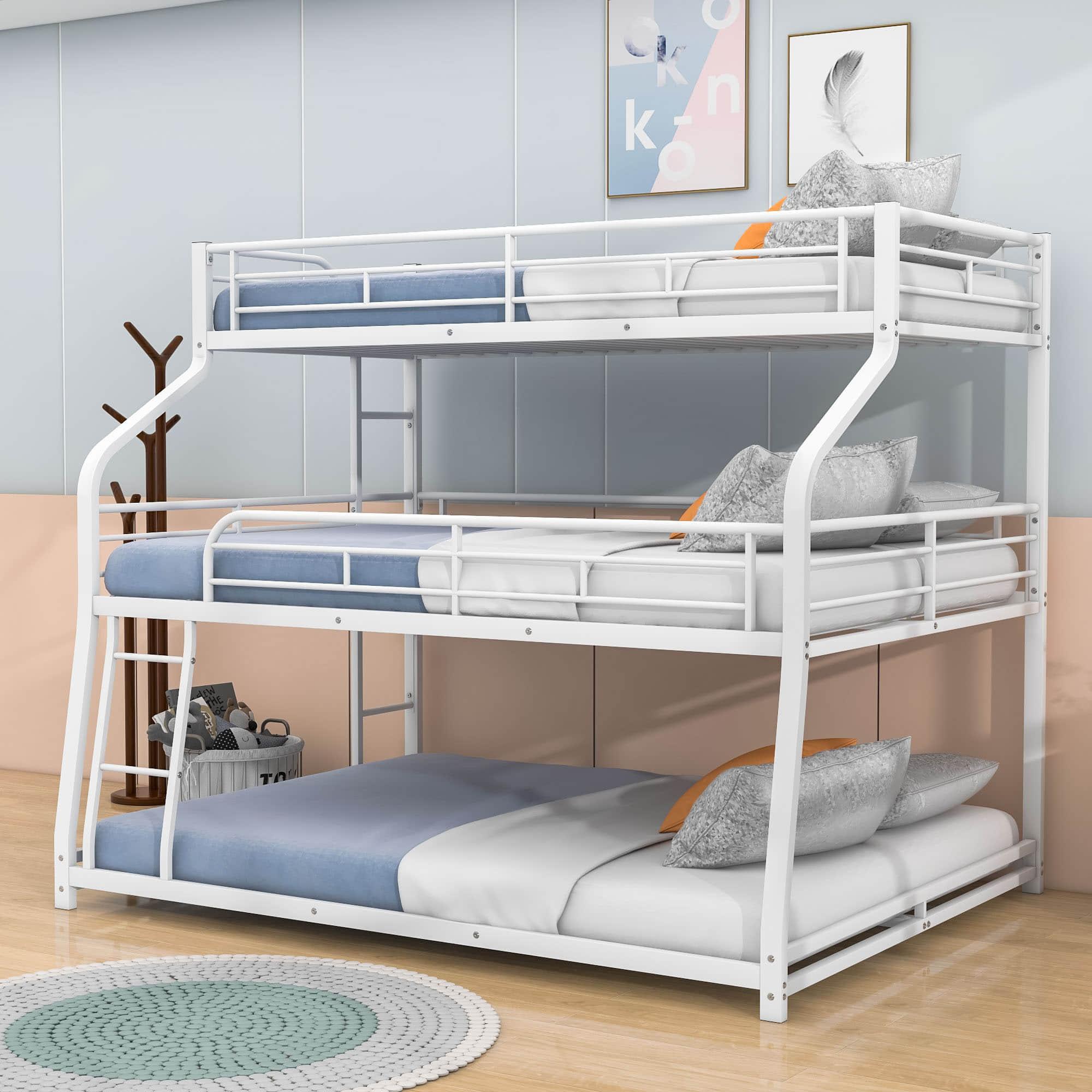 Modern Low Twin XL Over Full XL Over Queen Triple Bunk Beds for Kids - [Metal, Floor]