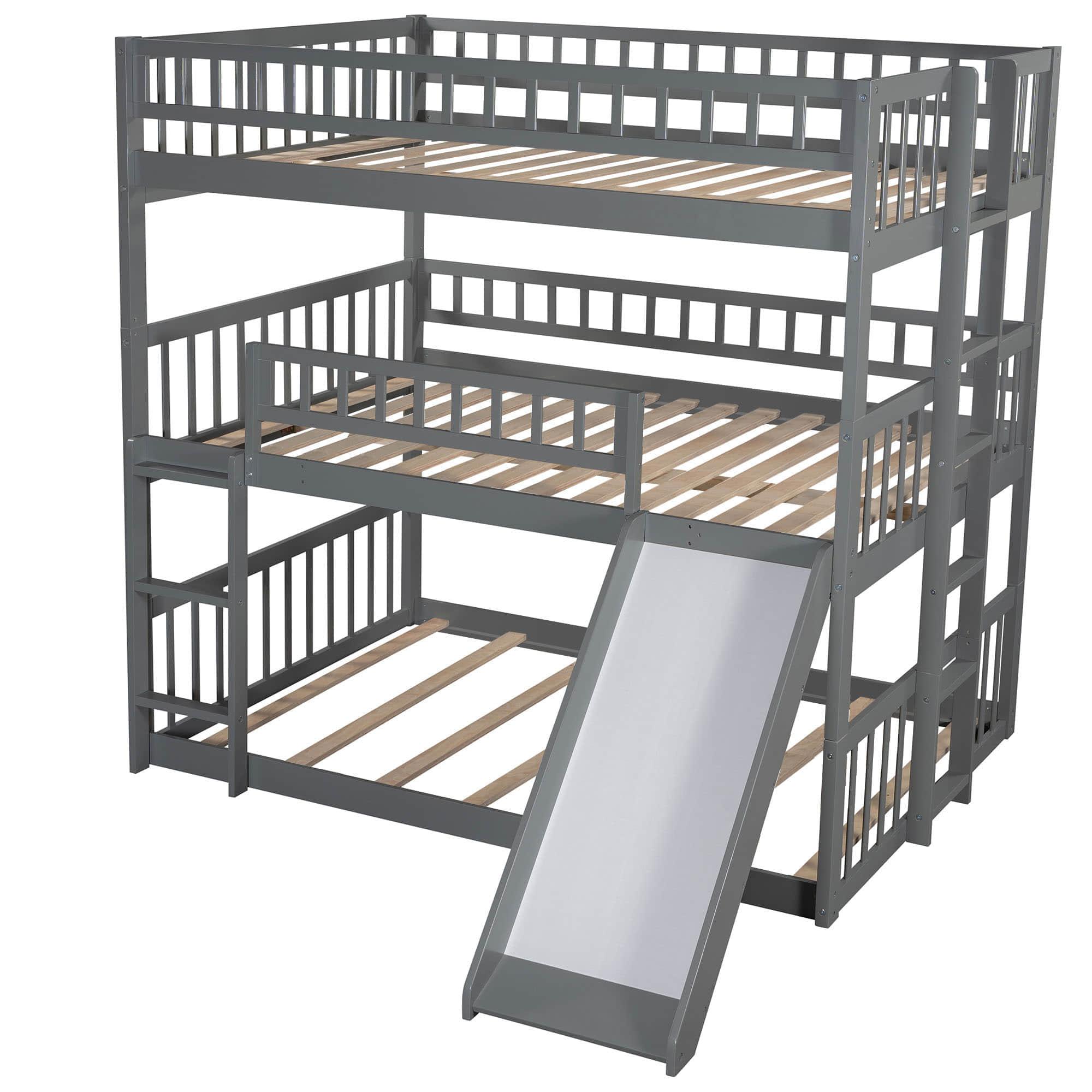 Low Triple Full Size Bunk Beds with Slide for Kids Toddler - [Wooden, Floor]