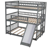 Low Triple Full Size Bunk Beds with Slide for Kids Toddler - [Wooden, Floor]