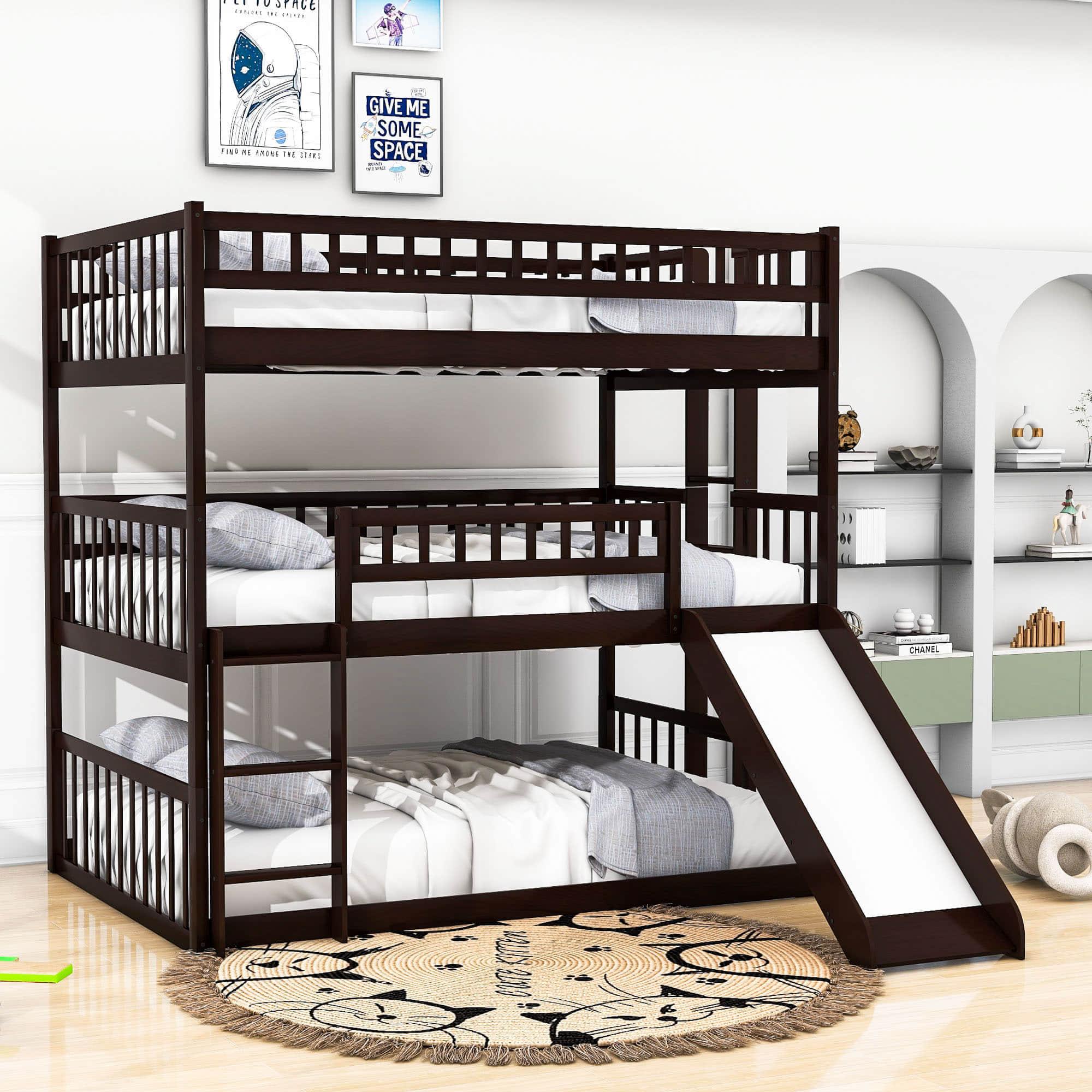 Low Triple Full Size Bunk Beds with Slide for Kids Toddler - [Wooden, Floor]