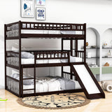 Low Triple Full Size Bunk Beds with Slide for Kids Toddler - [Wooden, Floor]