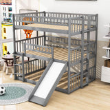 Low Triple Full Size Bunk Beds with Slide for Kids Toddler - [Wooden, Floor]