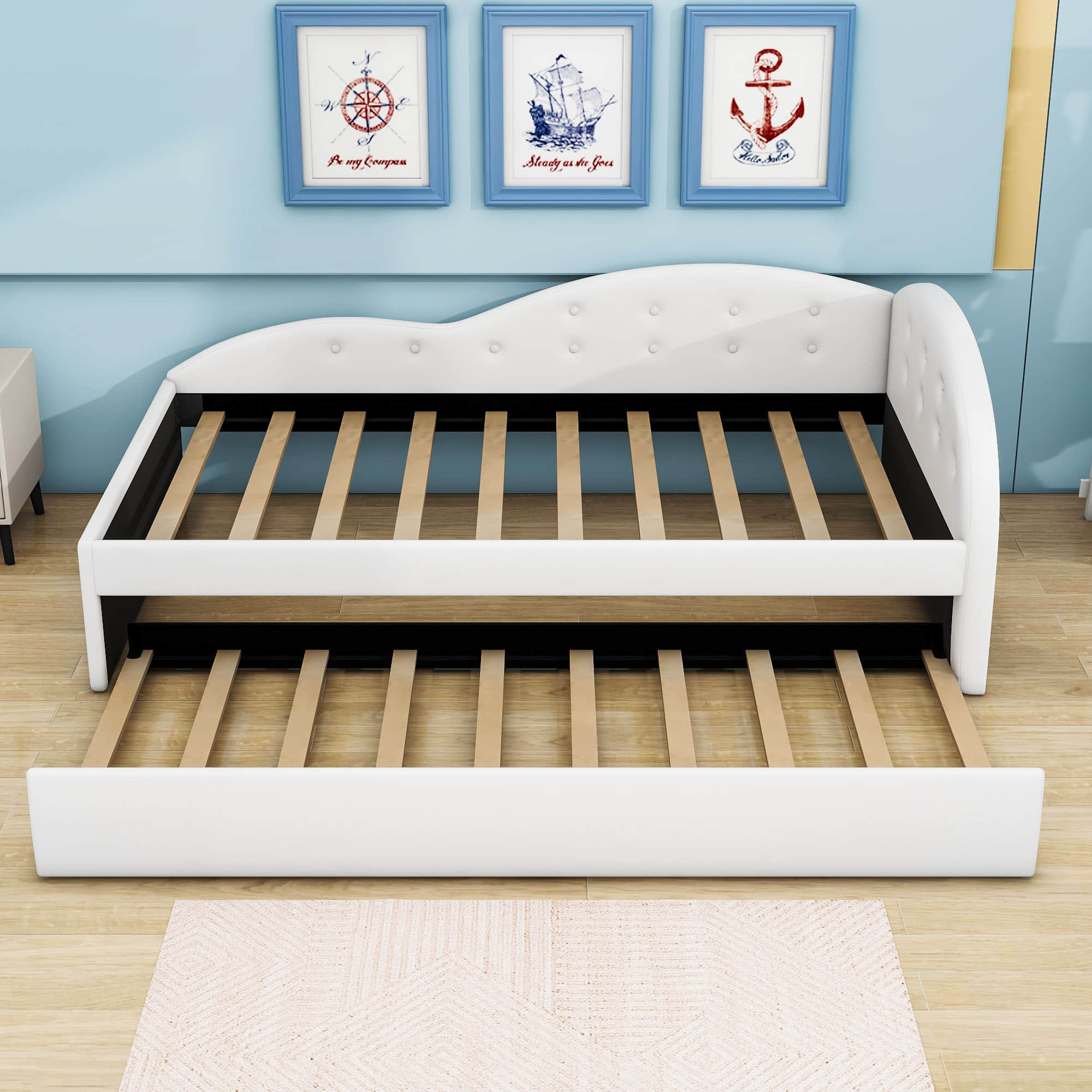 Twin PU Upholstered Kids Daybed with Trundle and Cloud-Shaped Rail