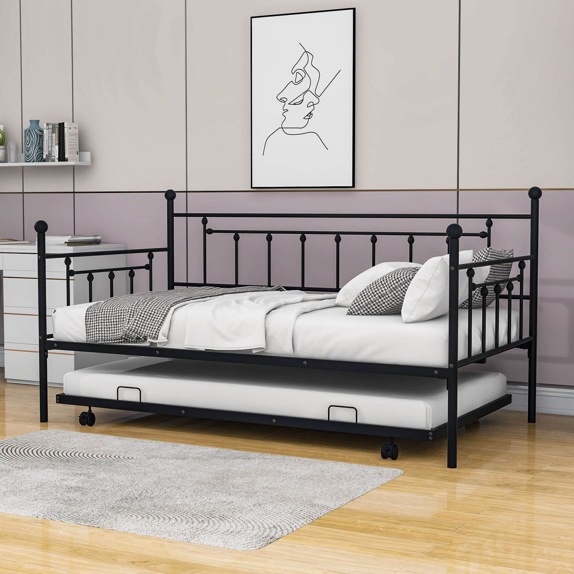 Mid-Century Modern Heavy-Duty Sturdy Metal Twin Daybed with Trundle