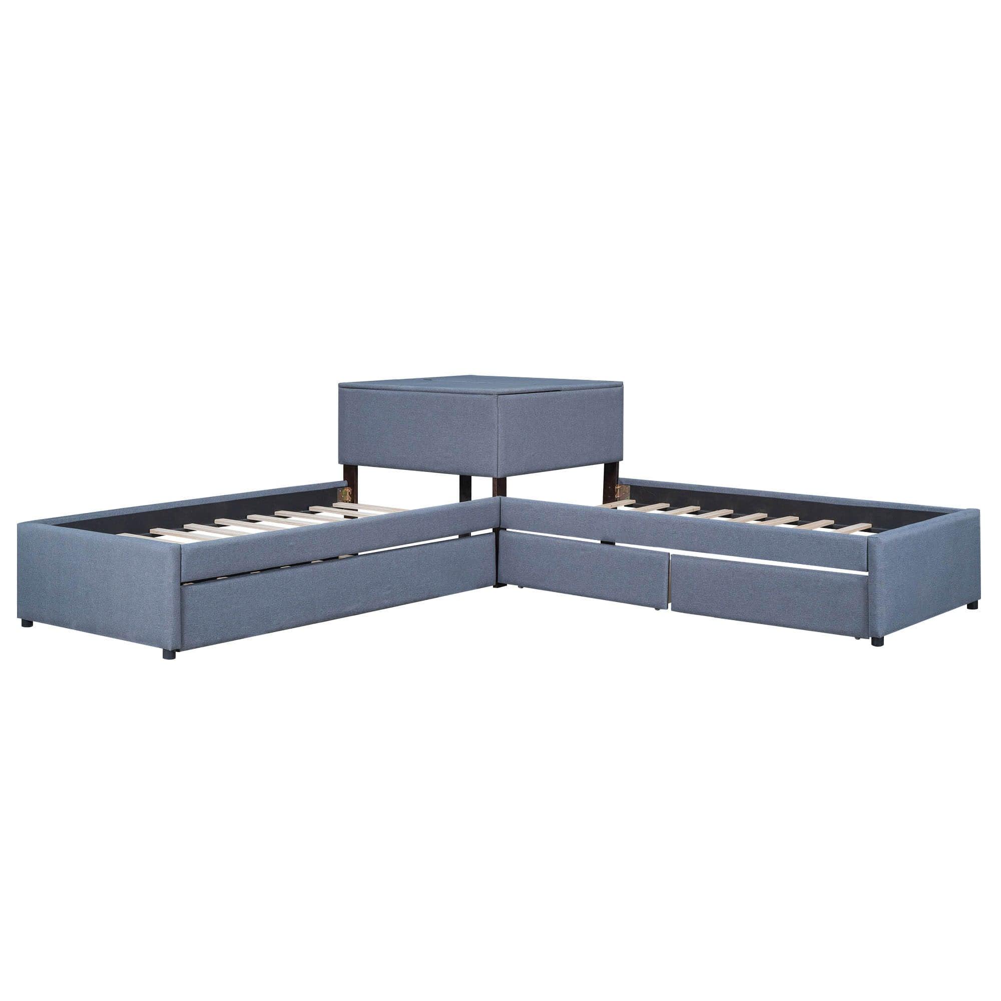 L-Shaped Corner Upholstered Twin Bed with Trundle and Storage - [Drawers, Table]