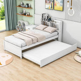 Wooden Twin Platform Bed with Twin Trundle Bed and Storage Headboard - [Shelves]