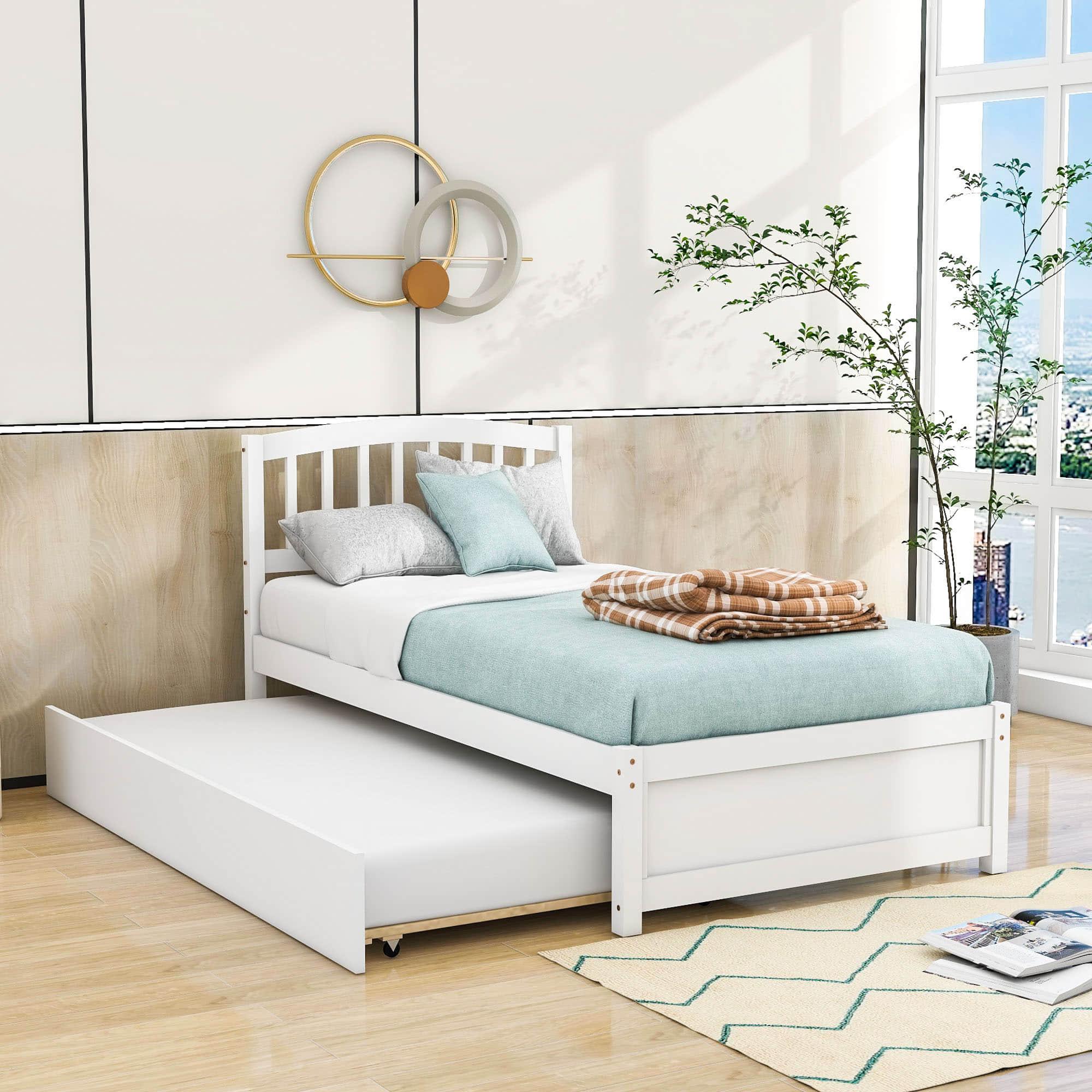 Wooden Twin Platform Bed with Trundle and Headboard