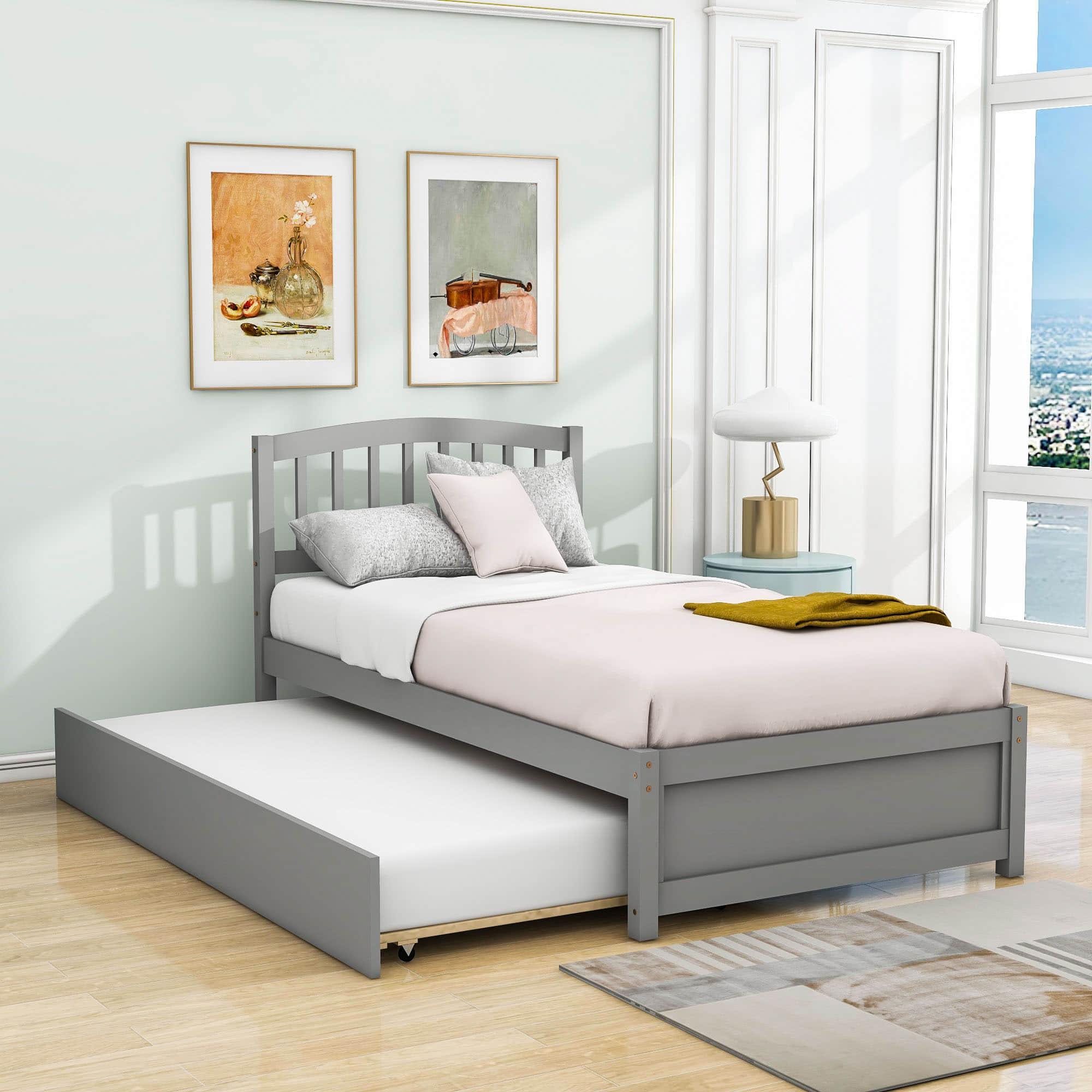 Wooden Twin Platform Bed with Trundle and Headboard