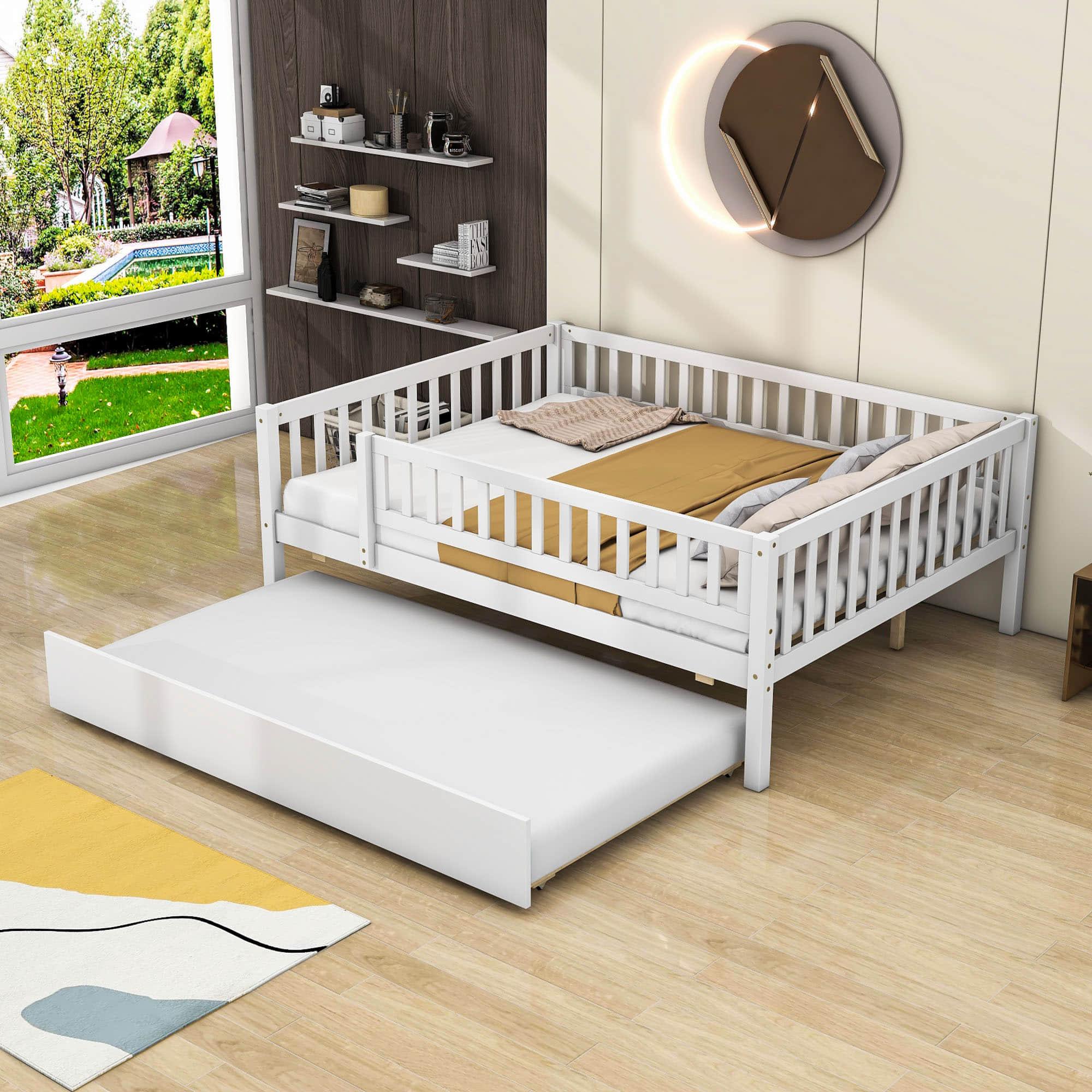 Wooden Full Size Low Kids Bed with Twin Size Trundle and Rails