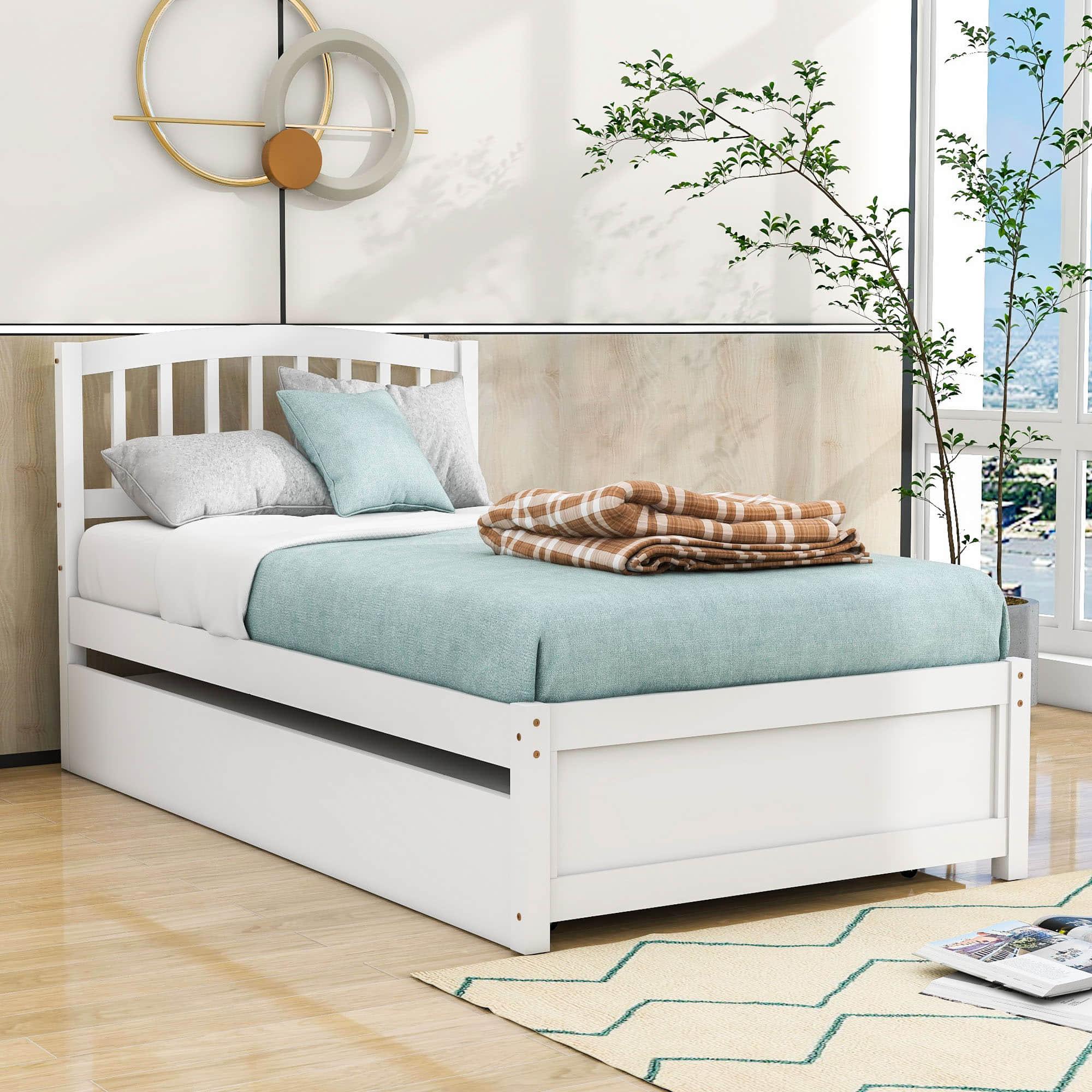 Wooden Twin Platform Bed with Trundle and Headboard